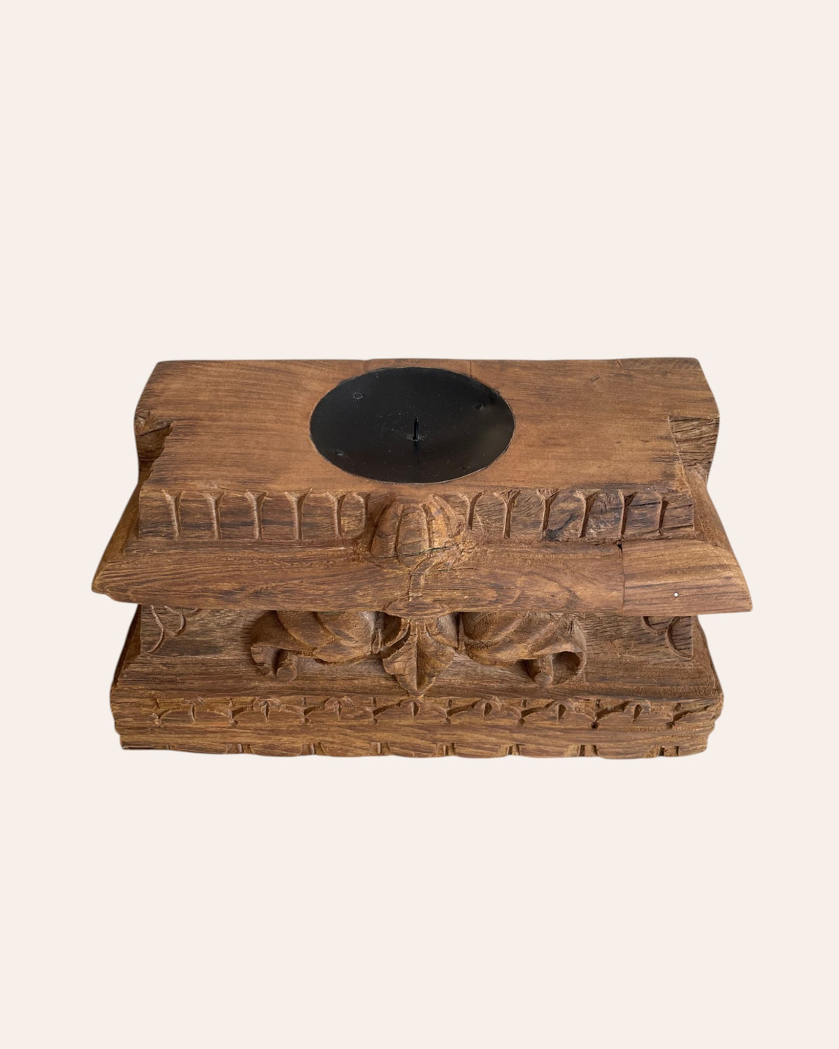 vintage floral carved teak wood candle holder