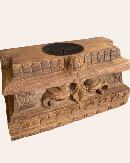 Vintage Floral Carved Teak Wood Candle Holder