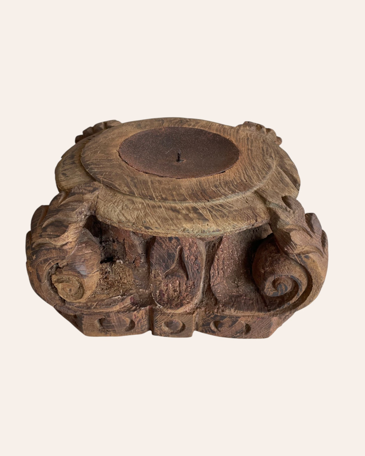 vintage hand-carved wooden pillar base candle holder & planter