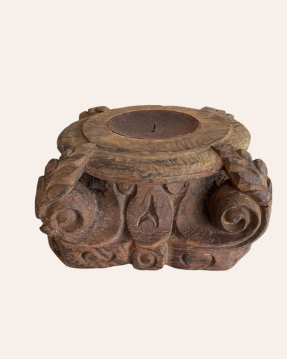 Vintage Hand-Carved Wooden Pillar Base Candle Holder & Planter