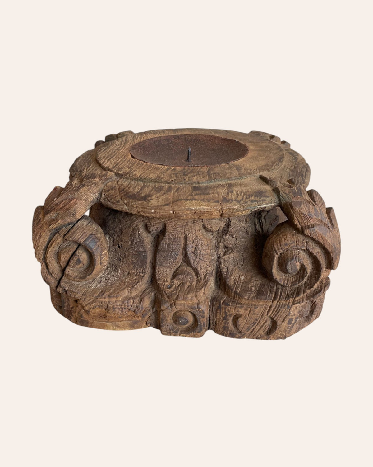 vintage hand-carved wooden pillar base candle holder & planter