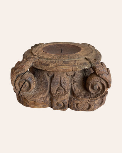 Vintage Hand-Carved Wooden Pillar Base Candle Holder & Planter