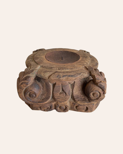 Vintage Hand-Carved Wooden Pillar Base Candle Holder & Planter