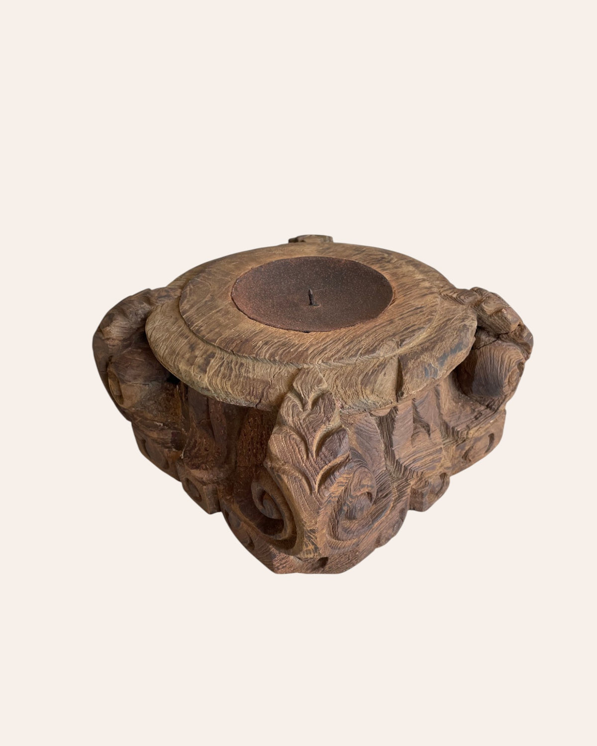 vintage hand-carved wooden pillar base candle holder & planter
