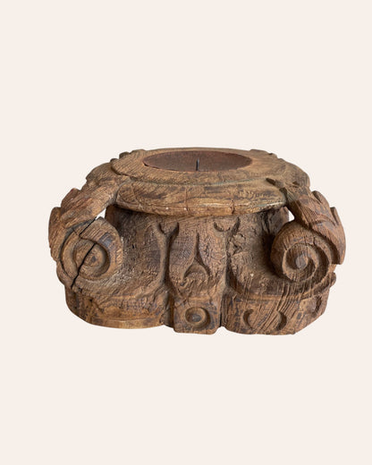 Vintage Hand-Carved Wooden Pillar Base Candle Holder & Planter