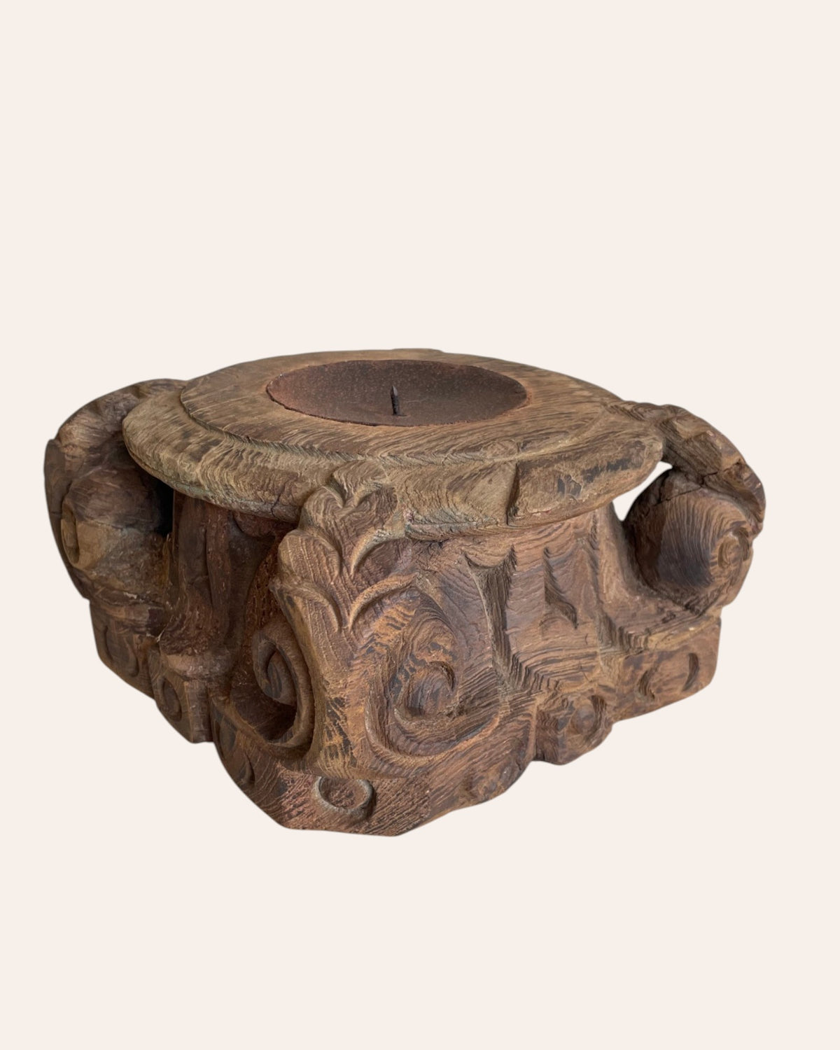 vintage hand-carved wooden pillar base candle holder & planter