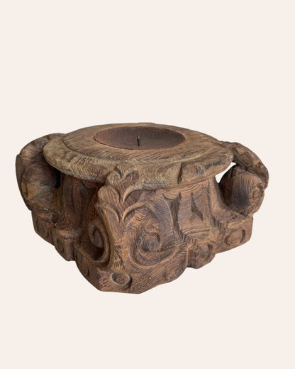 Vintage Hand-Carved Wooden Pillar Base Candle Holder & Planter