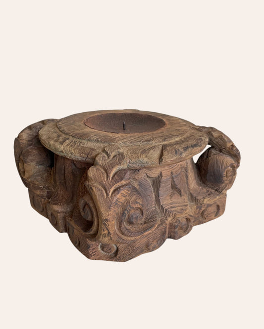 Vintage Hand-Carved Wooden Pillar Base Candle Holder & Planter