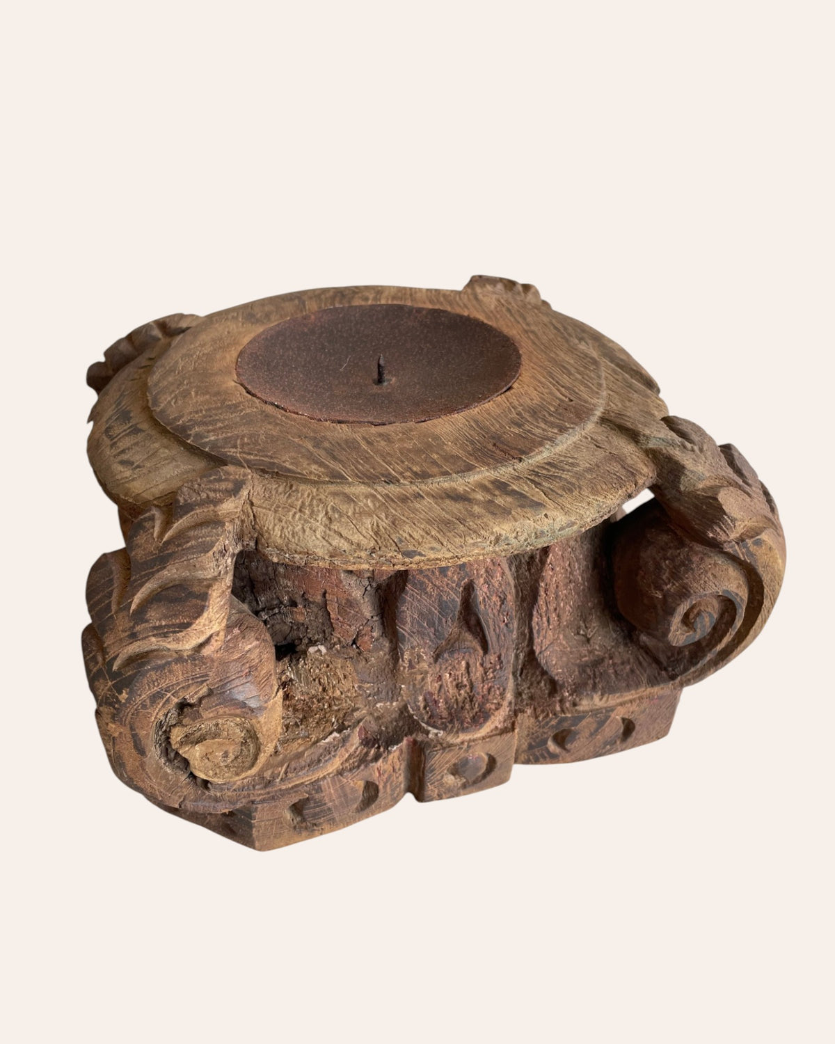 vintage hand-carved wooden pillar base candle holder & planter