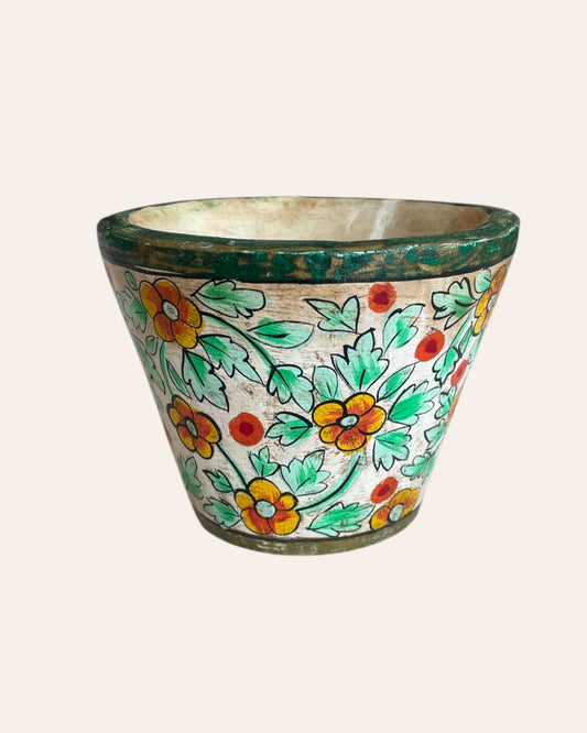 Hand-Painted Floral Wooden Pot Vase