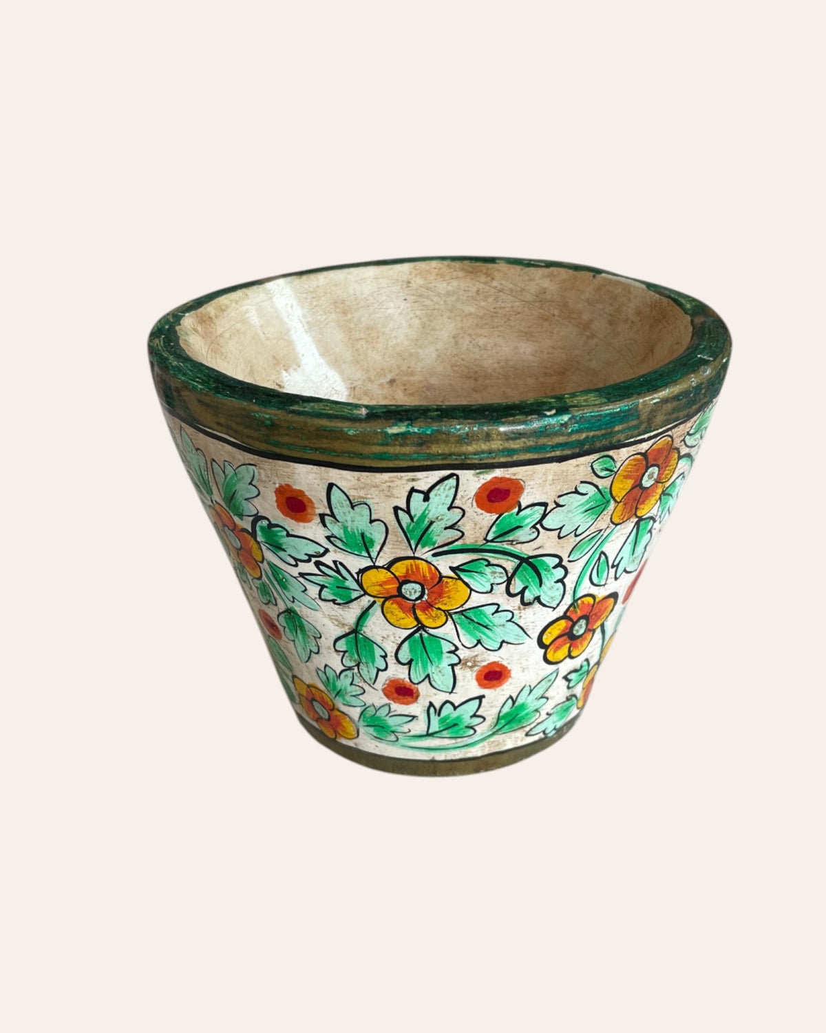 hand-painted floral wooden pot vase