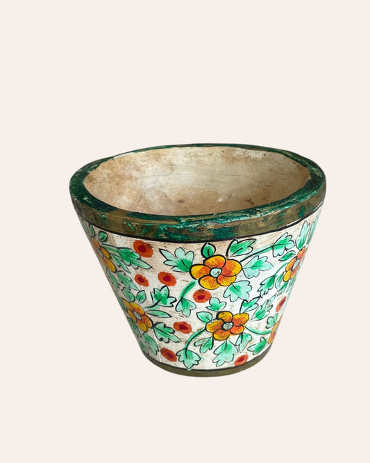 Hand-Painted Floral Wooden Pot Vase