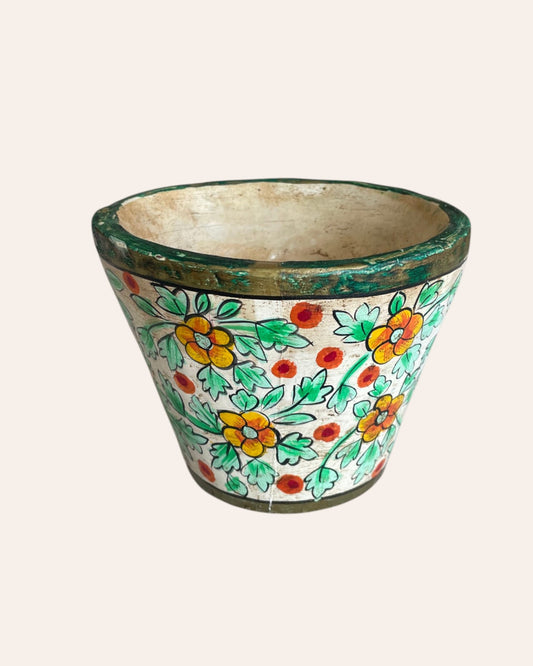 Hand-Painted Floral Wooden Pot Vase