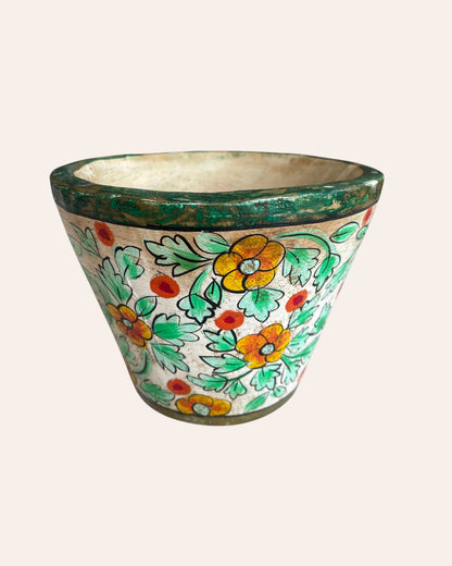 Hand-Painted Floral Wooden Pot Vase