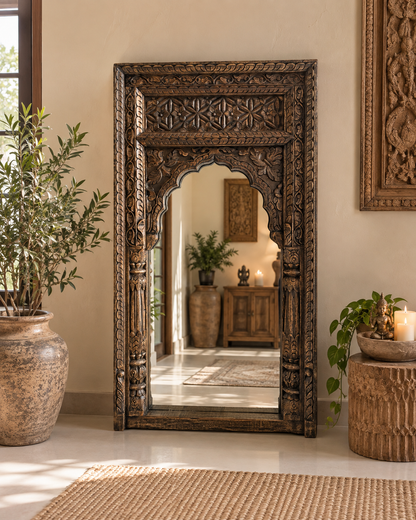 Vintage Hand-Carved Wooden Mirror Frame – Charcoal & Antique Gold Finish