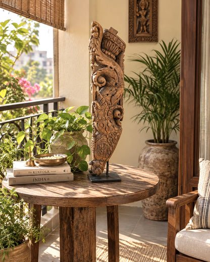 Vintage South Indian Hand-Carved Yali Bracket on Iron Stand