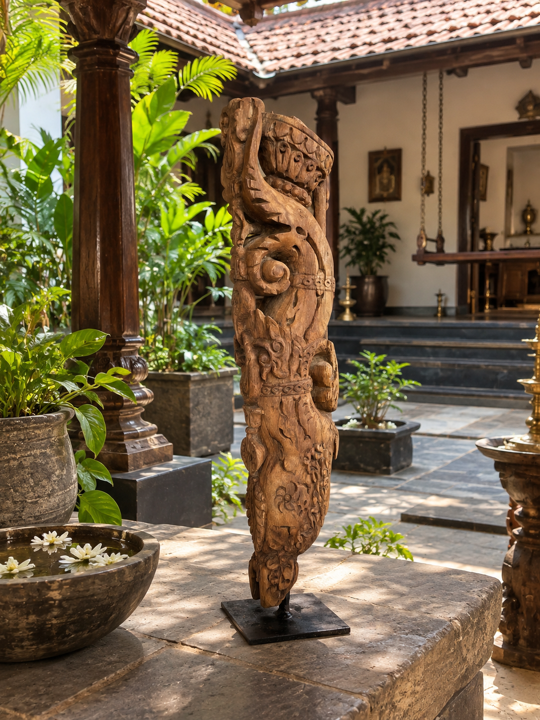 vintage hand-carved  yali bracket architectural support on iron stand