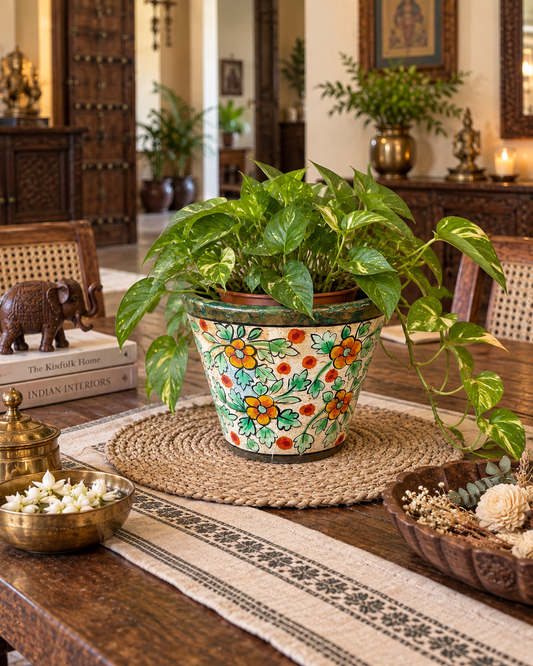 Hand-Painted Floral Wooden Pot Vase