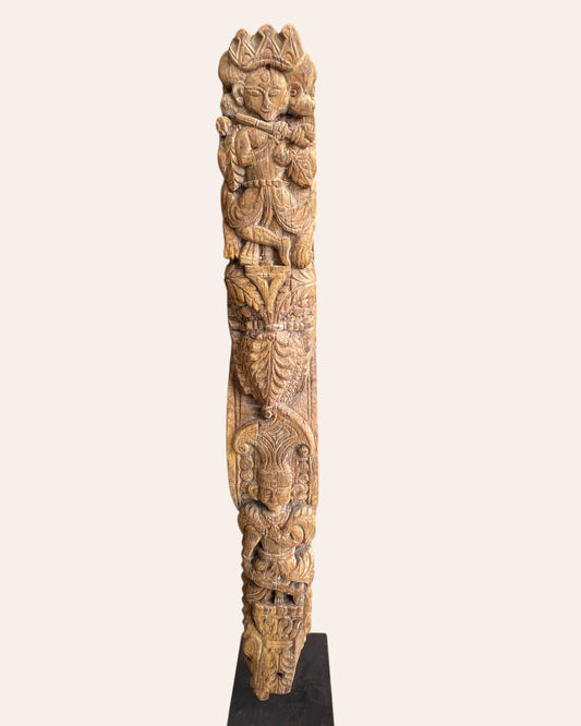 Vintage Hand-Carved Yali Sculpture on Iron Stand