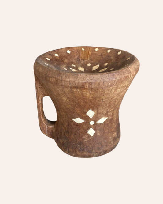 Vintage Wooden Decorative Bowl with Bone Inlay Design