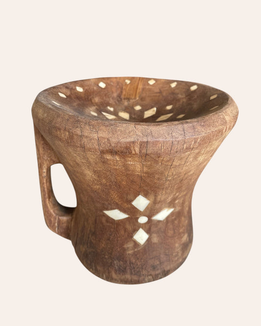 Vintage Wooden Decorative Bowl with Bone Inlay Design
