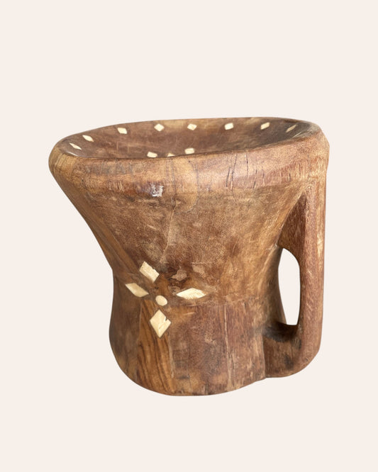 Vintage Wooden Decorative Bowl with Bone Inlay Design