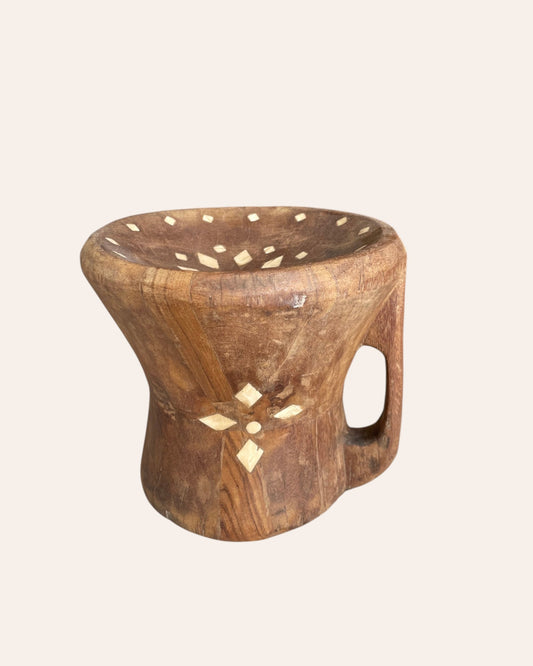 Vintage Wooden Decorative Bowl with Bone Inlay Design