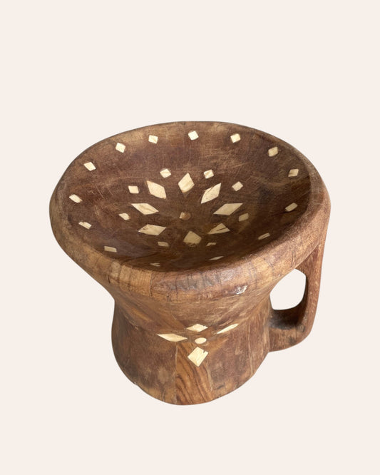 Vintage Wooden Decorative Bowl with Bone Inlay Design