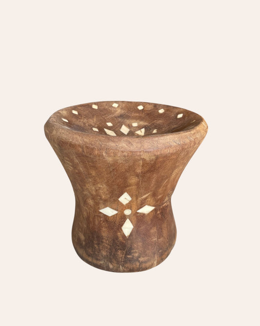 Vintage Wooden Decorative Bowl with Bone Inlay Design