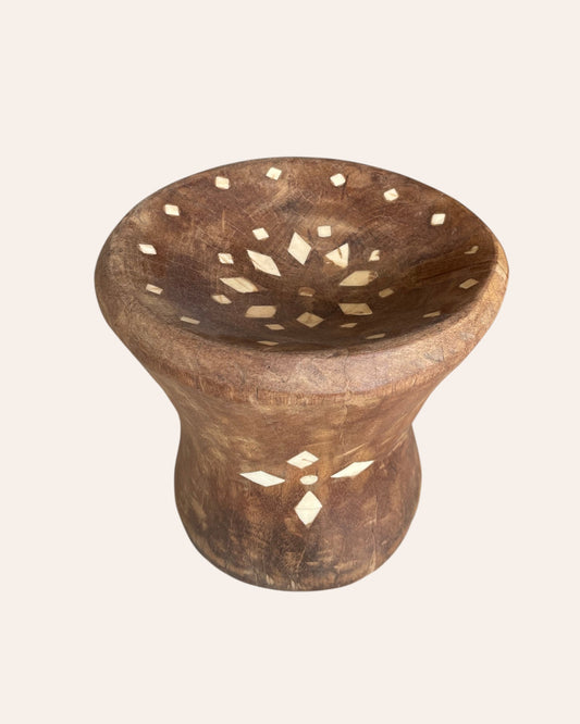 Vintage Wooden Decorative Bowl with Bone Inlay Design