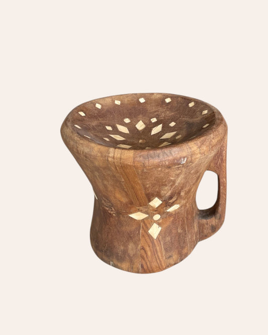 Vintage Wooden Decorative Bowl with Bone Inlay Design