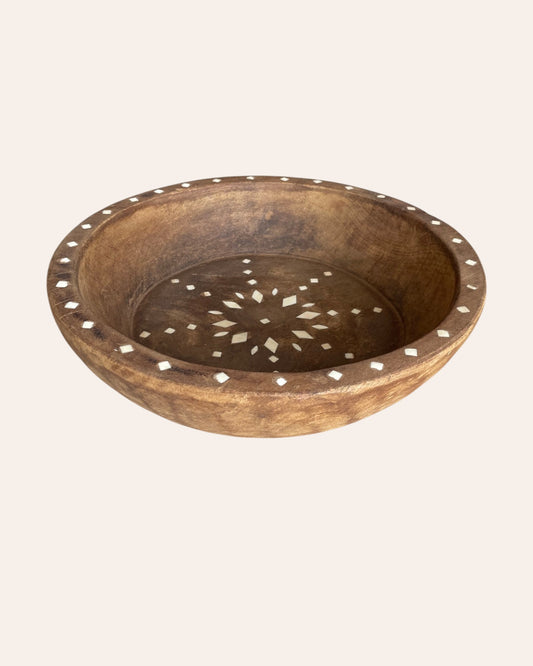 Vintage Hand-Carved Wooden Parat / Tray / Bowl with Bone Inlay