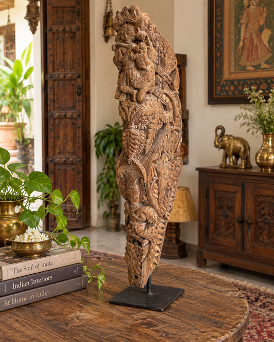 Vintage Hand-Carved Yali Sculpture on Iron Stand