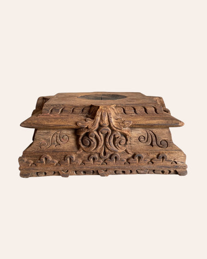Vintage Hand-Carved Floral Wooden Pillar Base Candle Holder