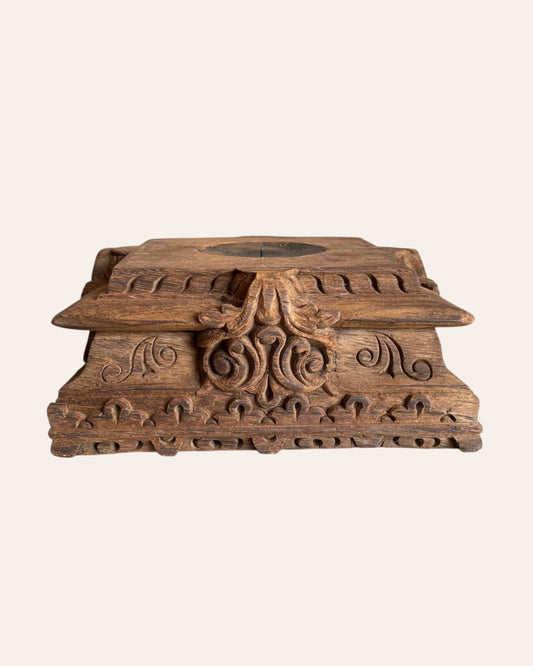 Vintage Hand-Carved Floral Wooden Pillar Base Candle Holder