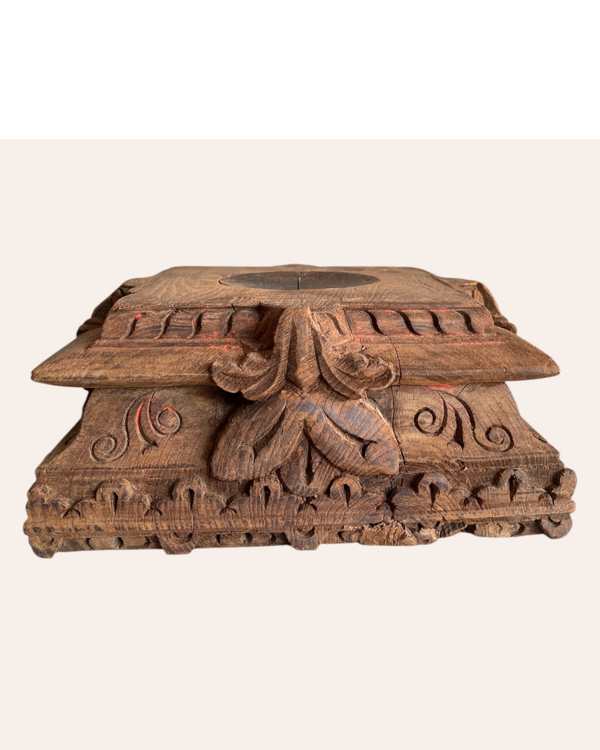 vintage hand-carved floral wooden pillar base candle holder