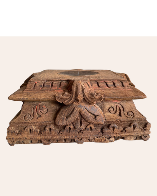Vintage Hand-Carved Floral Wooden Pillar Base Candle Holder