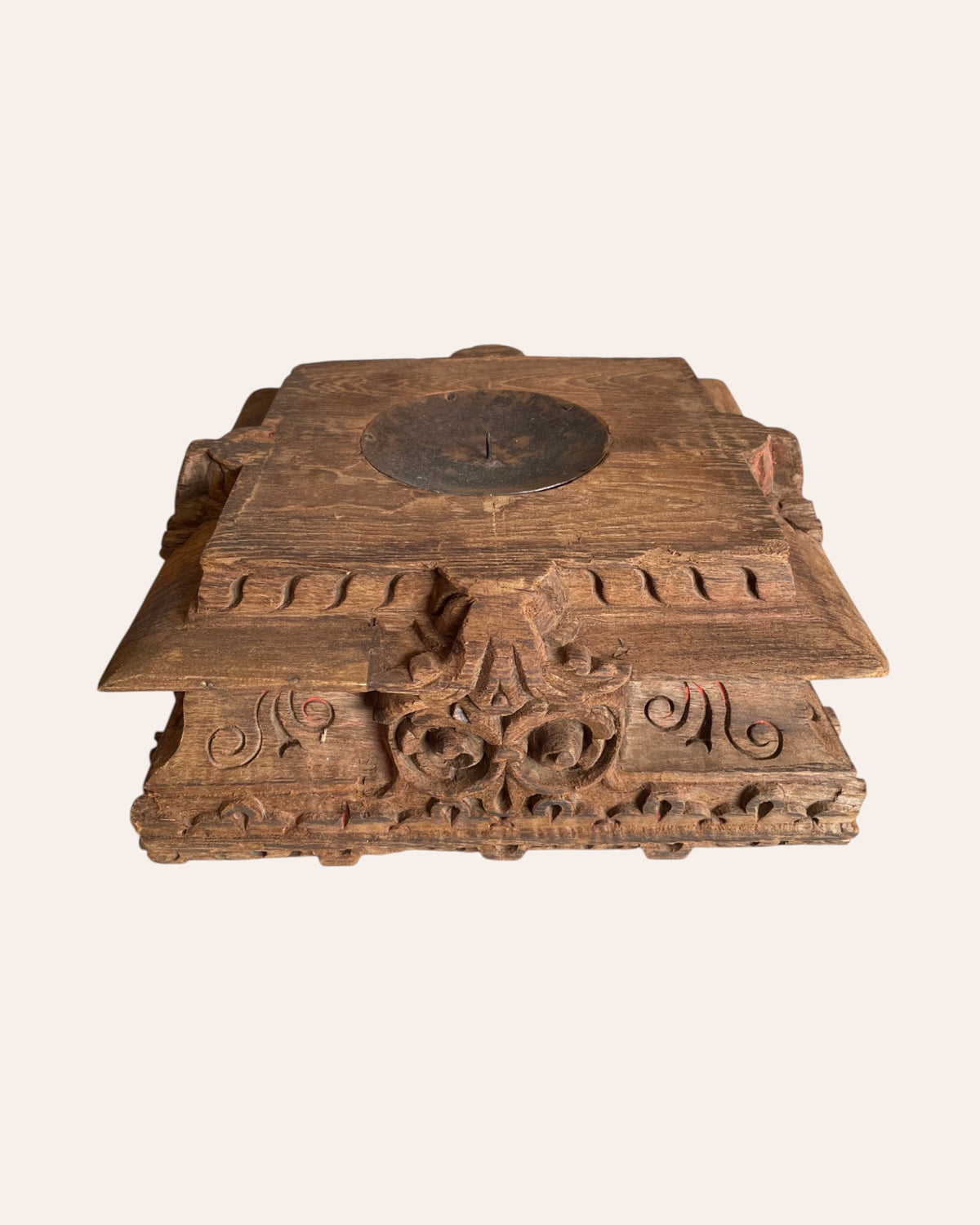 vintage hand-carved floral wooden pillar base candle holder