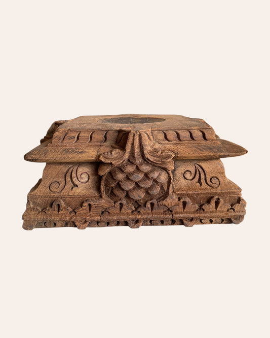 Vintage Hand-Carved Floral Wooden Pillar Base Candle Holder