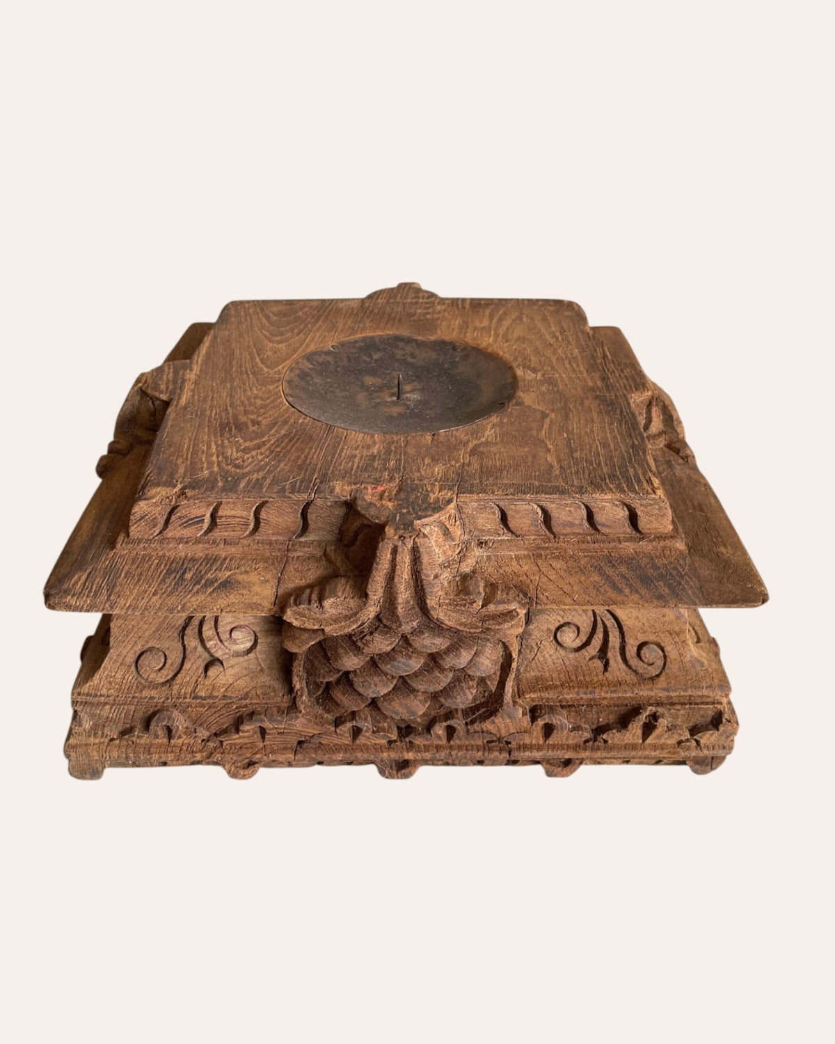 vintage hand-carved floral wooden pillar base candle holder