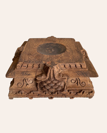 Vintage Hand-Carved Floral Wooden Pillar Base Candle Holder