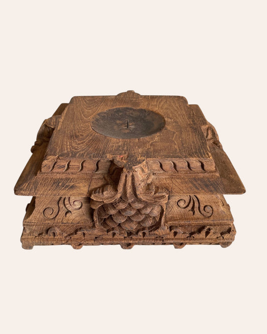 Vintage Hand-Carved Floral Wooden Pillar Base Candle Holder