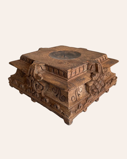 Vintage Hand-Carved Floral Wooden Pillar Base Candle Holder