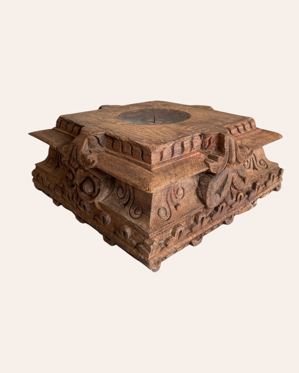 vintage hand-carved floral wooden pillar base candle holder