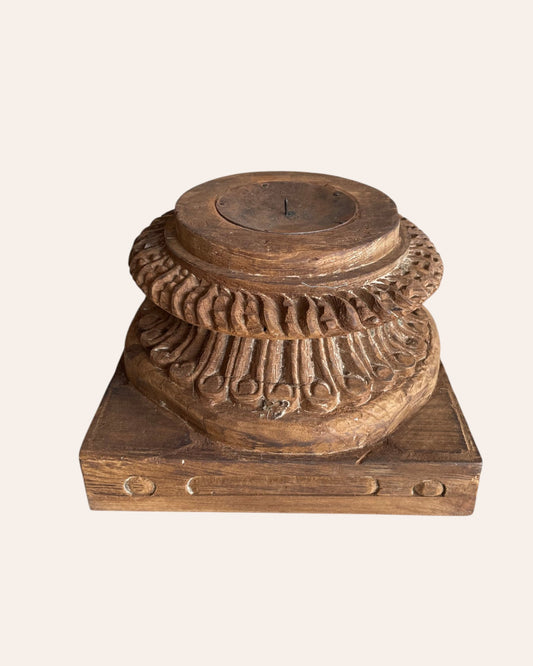 Vintage Gujarat Hand-Carved Round Pillar Base Candle Holder