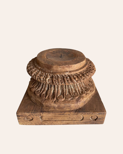 Vintage Gujarat Hand-Carved Round Pillar Base Candle Holder