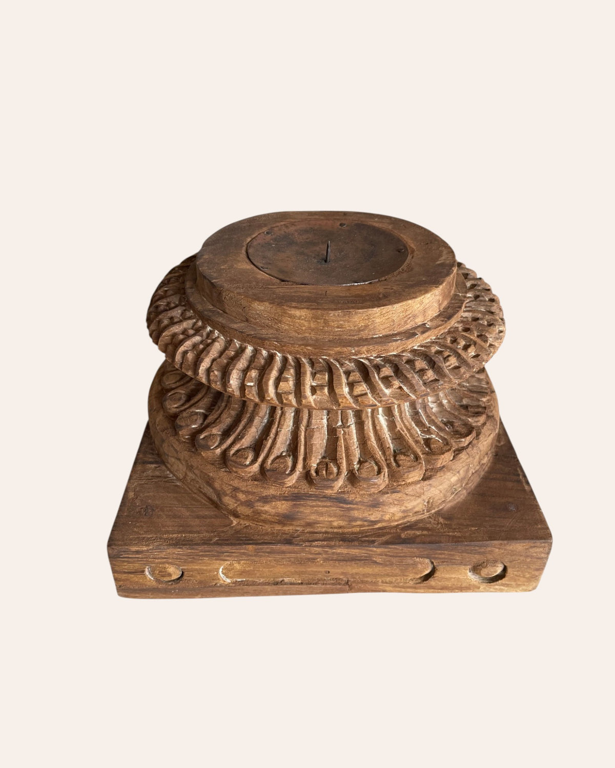 vintage gujarat hand-carved round pillar base candle holder