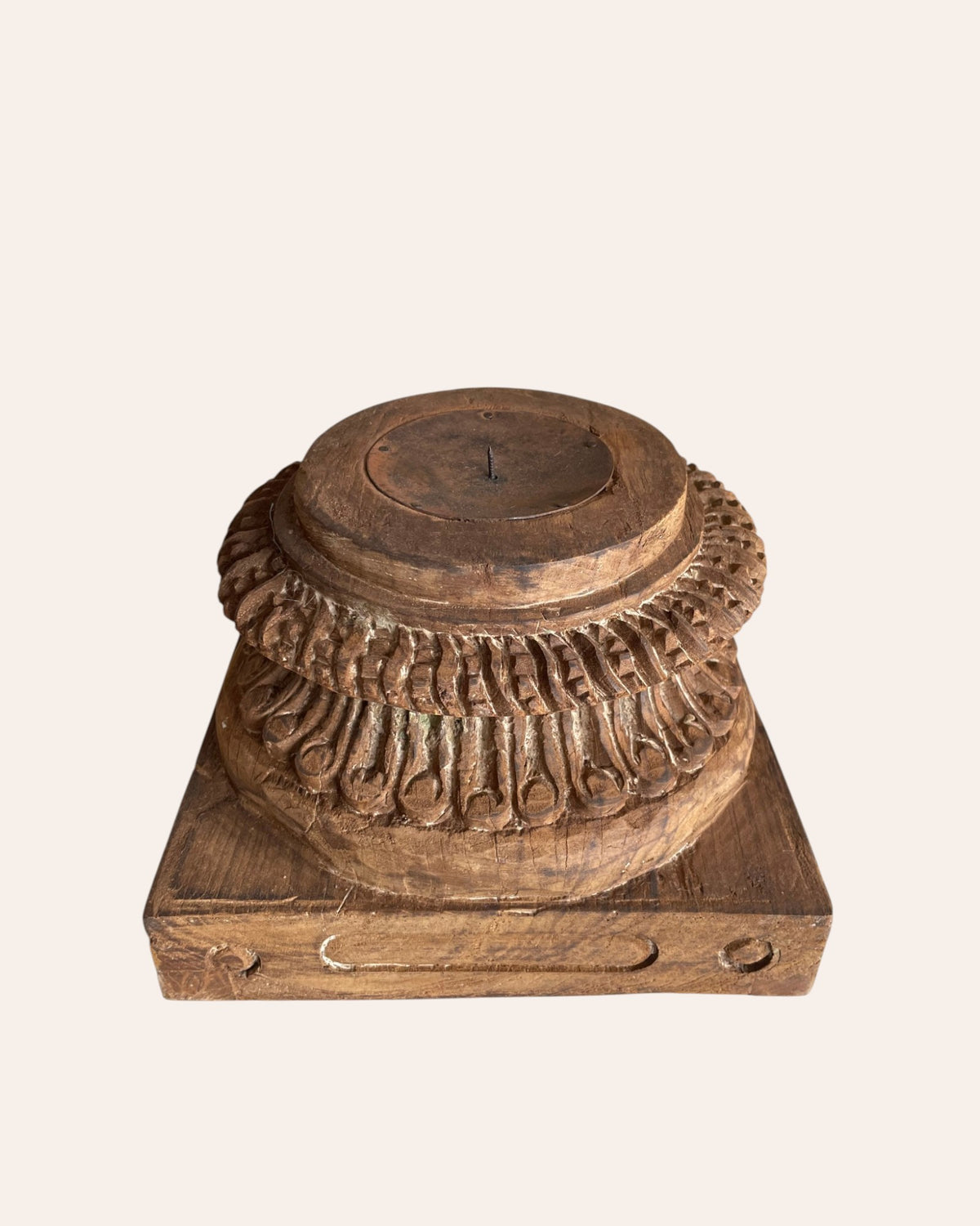 vintage gujarat hand-carved round pillar base candle holder