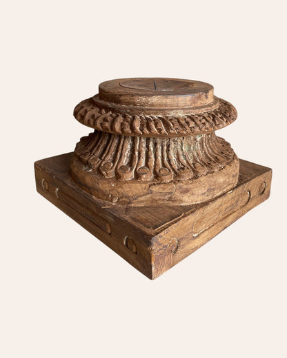 Vintage Gujarat Hand-Carved Round Pillar Base Candle Holder