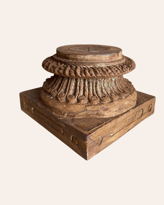 Vintage Gujarat Hand-Carved Round Pillar Base Candle Holder